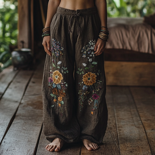 Vintage Bohemian Resort Forest Floral Art Printed Cotton Linen Wide Leg Pants artswardrobe