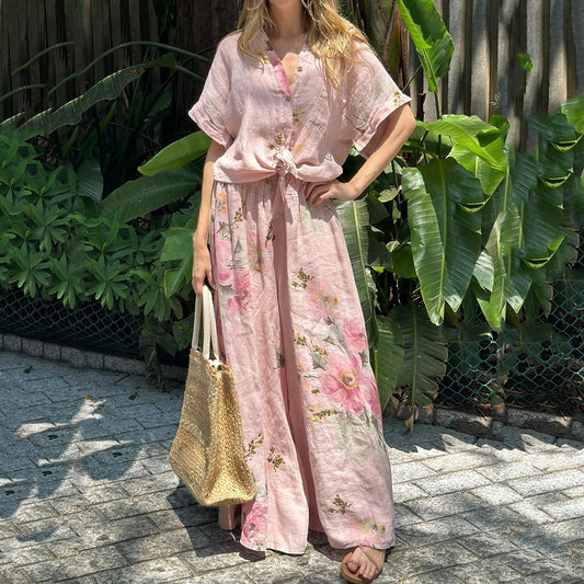 Women's Pink Floral Print Short Sleeve Pants Two-piece Set artswardrobe