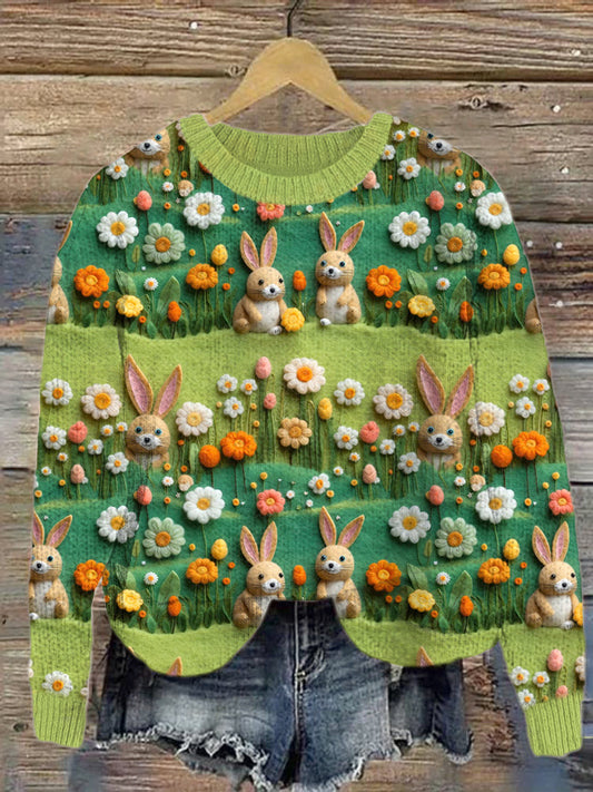 Cute Rabbit & Floral Felt Art Cozy Knit Sweater artswardrobe