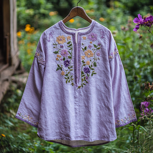 Women's Purple Flowers Embroidery Vintage Linen Shirt artswardrobe