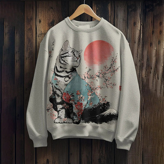 Men's Japanese Sakura Mount Fuji Cat Art Print Casual Sweatshirt elevenforest