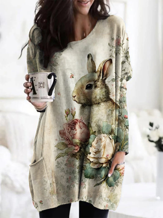 Vintage Cottage Bunny Floral Art Cozy Tunic artswardrobe