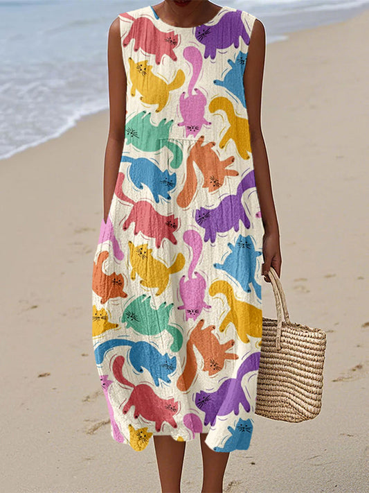 Cute Colored Cats Pattern Linen Tank Dress elevenforest