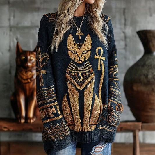 Women's Ancient Egyptian Cat Pattern Knit Pullover Sweater elevenforest