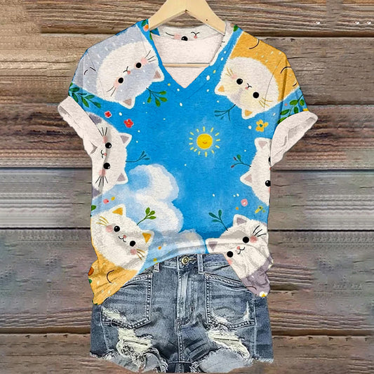 Cute Cartoon Cats Graphic Comfy T Shirt artswardrobe