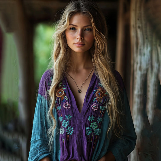 Retro Boho Tribal Floral Art Embroidery Print Cotton And Linen V-neck Loose Shirt artswardrobe