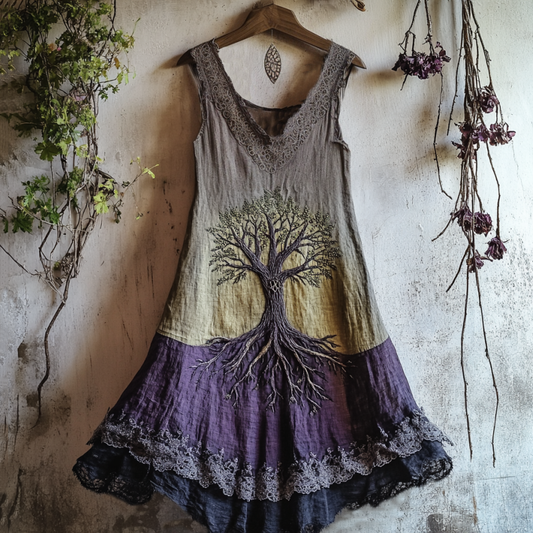 Viking Tribal Celtic Knot Life Of Tree Lace Patchwork Art Linen Tank Dress artswardrobe