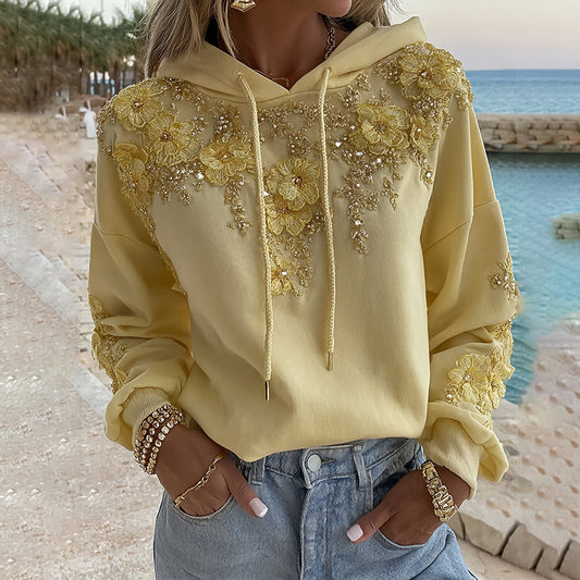 Comstylish Women's Bohemian Yellow Floral And Gold Roses Embroidery Art Long Sleeve Hoodie