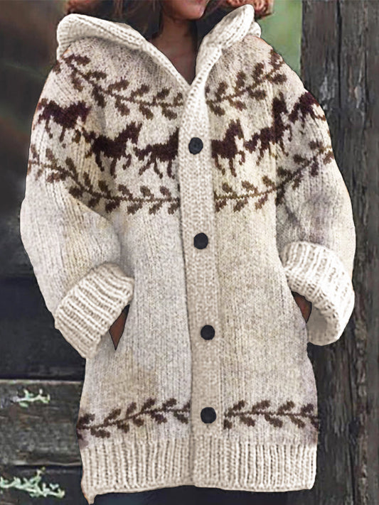 Vintage Running Horses Yoke Cozy Knit Hooded Cardigan elevenforest