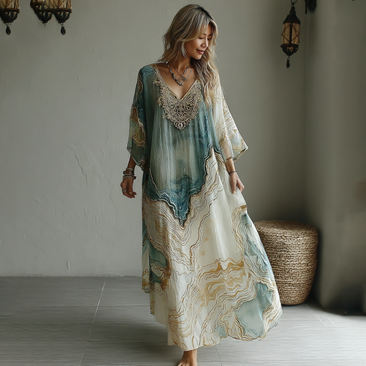 Vintage Marble Texture Collection Retro Bohemia Women Style Gradient Gilded Pattern Linen Maxi Dress artswardrobe