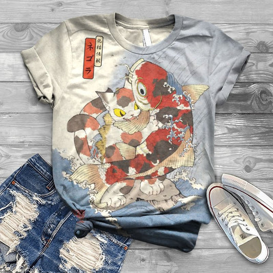 Japanese Style Nekomata Carp Fighting Print Crew Neck Cozy Vintage T-Shirt elevenforest