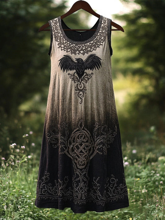 Vintage Celtic Raven Embroidered Gradient Tank Dress artswardrobe