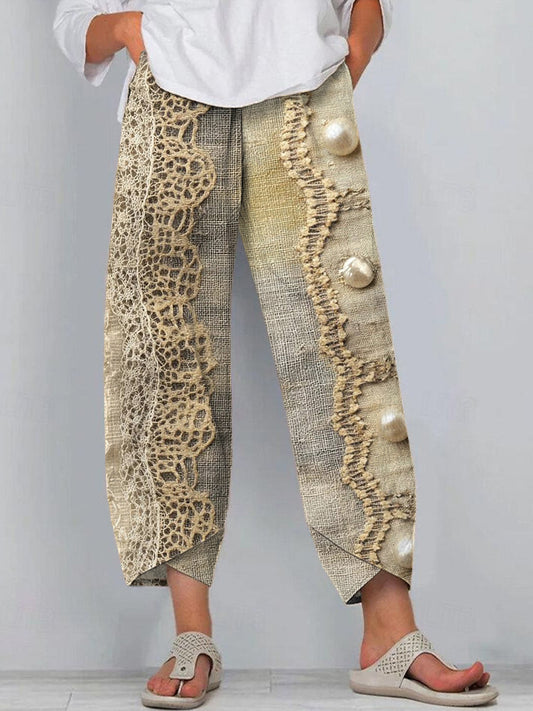 Vintage Lace Patchwork Pearl Embroidered Linen Pants artswardrobe