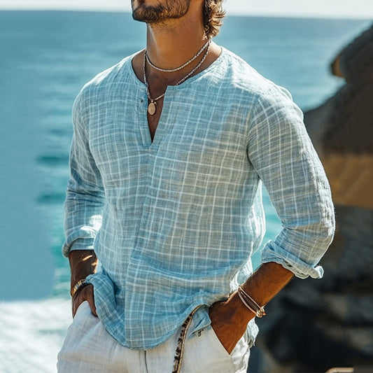 Men's Casual Plaid Cotton And Linen Long Sleeve Shirt artswardrobe