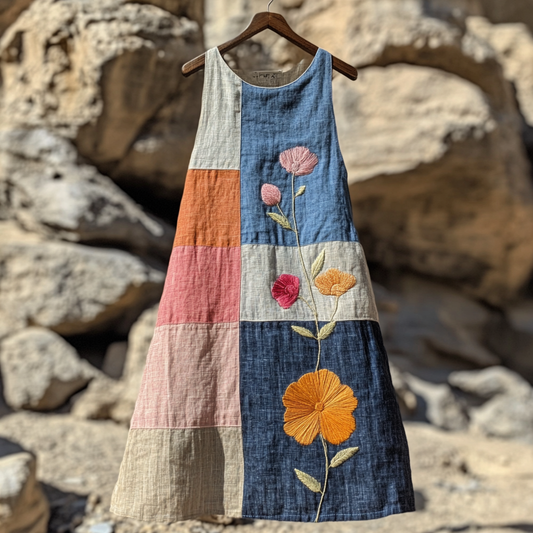 Women's Retro Floral Art Cotton And Linen Dress artswardrobe