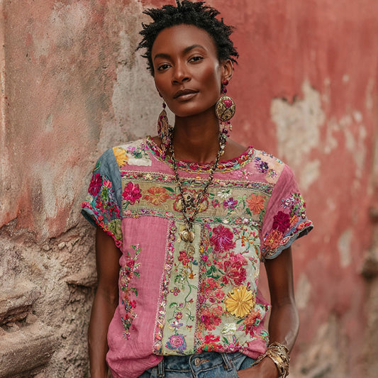Women's Vintage Bohemian Floral Embroidery Art Round Neck Short Sleeve Linen Blend T-shirt artswardrobe