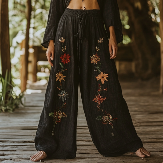 Vintage Bohemian Holiday Style Floral Ethnic Totem Art Printed Cotton Linen Wide Leg Pants artswardrobe