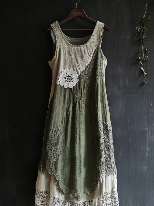 Vintage Lace Patchwork Comfy Linen Tank Dress artswardrobe