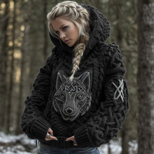 Women's Viking Celtic Wolf Knit Jacquard Warm Hooded Sweater elevenforest