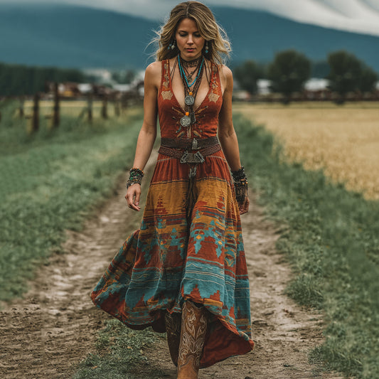 Women's Vintage Western Geometric Print V-neck Tank Midi Dress artswardrobe