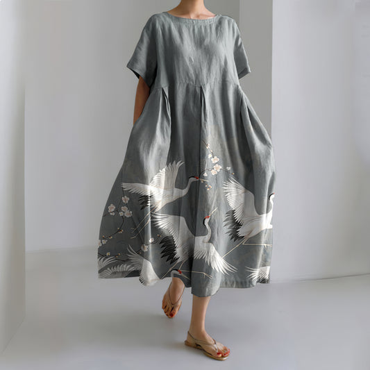 Comstylish Crane Print Crew Neck Short Sleeves Midi Dress
