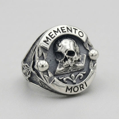 Memento Mori Skull Open Book Signet Ring