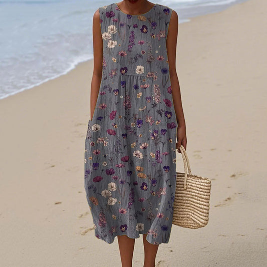 Women's Vintage Floral Art Linen Vest Dress artswardrobe