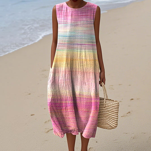 Women's Vintage Gradient In Cancer Awareness Ribbon Art Pattern Print Sleeveless Cotton Wrap Dress artswardrobe