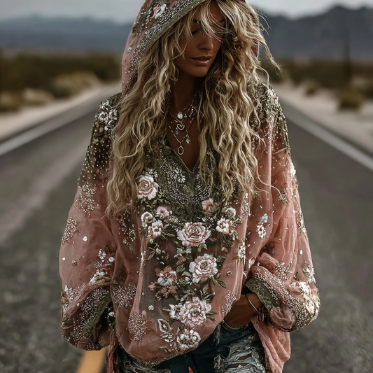 Women's Classic Romantic Pink Rose Embroidery Art Comfy Linen Long Sleeve Hooded Shirts artswardrobe