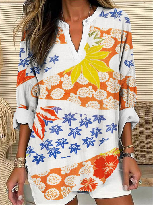 Comstylish Maple Leaves Floral Japanese Art Linen Blend Tunic