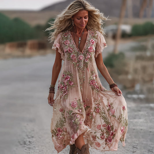Women's Vintage Rose Embroidery Art Comfy Linen Maxi Dress artswardrobe