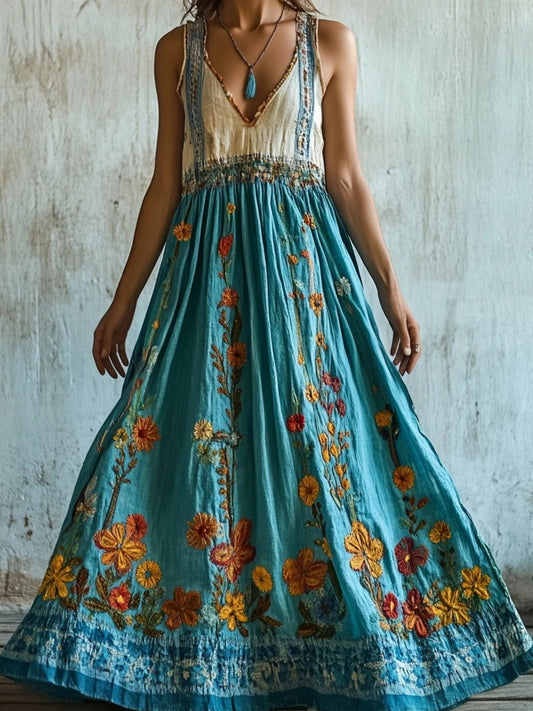 Vintage Boho Floral Embroidered V Neck Linen Maxi Dress artswardrobe