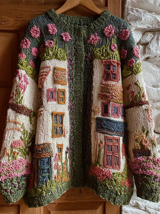 Bohemian Style Garden Pattern Design Women's Knitted Sweater Coat artswardrobe