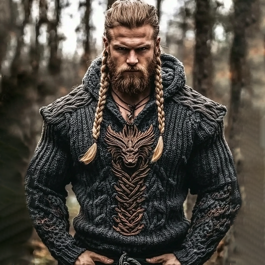 Men's Vintage Black Dragon Viking Celtic Chunky Hooded Sweater elevenforest