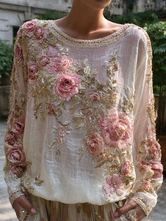 Comstylish "boho Pink Roses Embroidered Vintage Breathable Linen Tunic"