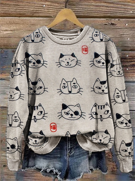 Comstylish Lovely Cats Faces Japanese Pattern Sweatshirt