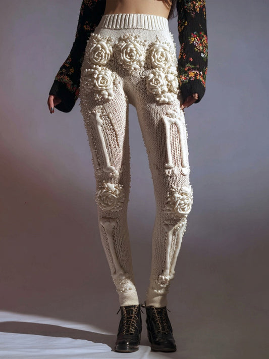Comstylish Vintage White Skeleton Roses Crochet Cozy Knit Leggings