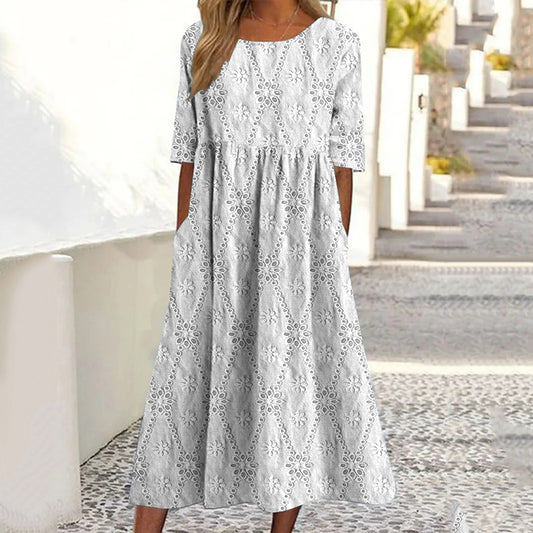 Women's Vintage Lace Floral Print Linen Dress artswardrobe