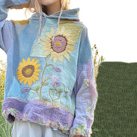 Comstylish Vintage Sunflower Embroidery Comfy Hoodie