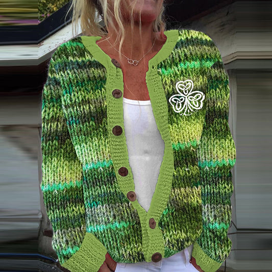Women'S St. Patrick'S Day Shamrock Knit Cardigan Sweater artswardrobe