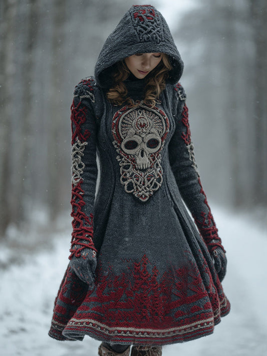Women's Vintage Celtic Knot Ombre Hooded Sweater Midi Dress elevenforest