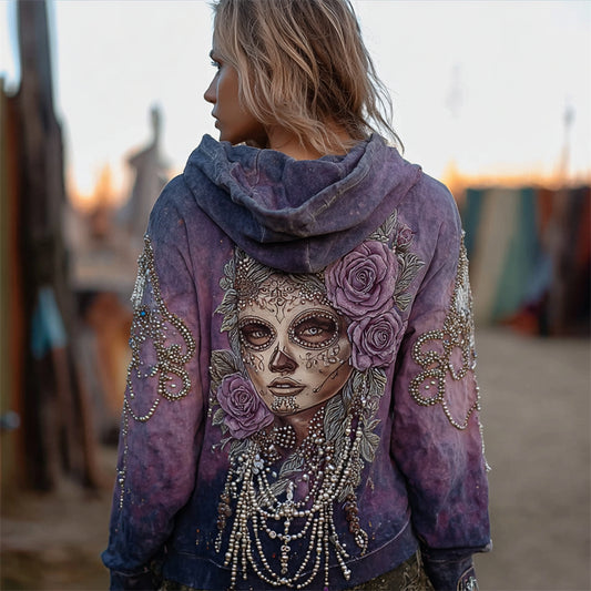 Comstylish Day Of The Dead Sugar Skull Woman Roses Beaded Dyed Hoodie