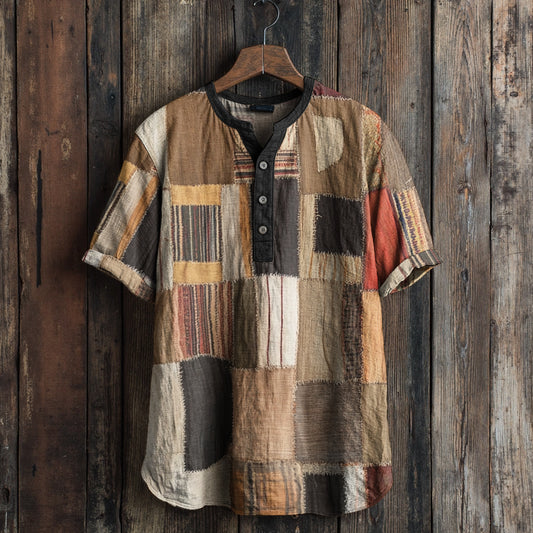 Vintage Boho Patchwork Print Men's Linen V-neck Shirt artswardrobe