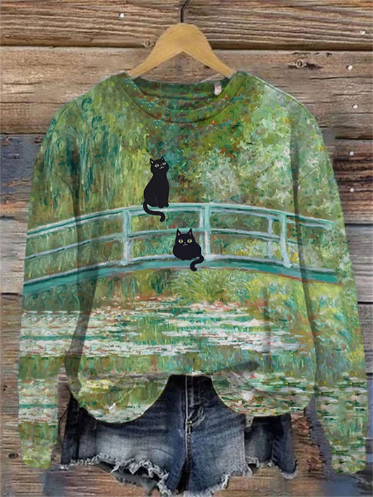 Women's Casual Japanese Art Funny Black Cat Print Sweatshirt elevenforest