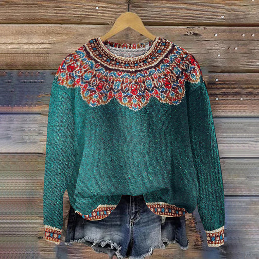 Retro Colorful Lotus Pattern Jacquard Crew Neck Sweater elevenforest