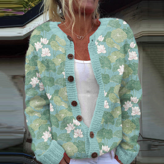 Vintage Water Lily Art Knitted Jacquard Sweater artswardrobe