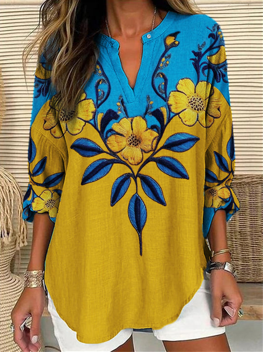 Comstylish Ethnic Floral Embroidered Contrast Color Linen Tunic