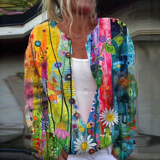 Floral Art Print Long Sleeve Knitted Cardigan artswardrobe