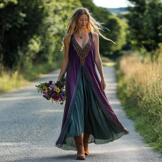 Vintage Viking Tribal Celtic Knot Embroidery Gradient Art Linen Tank Dress artswardrobe