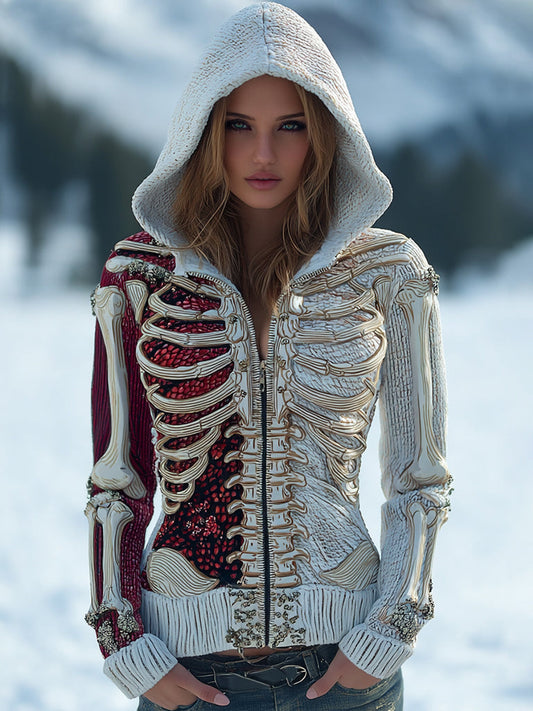 Women's Vintage Halloween Halloween Skeleton Bones With Blood Glitter Art Knitted Warm Zip-up Sweater artswardrobe